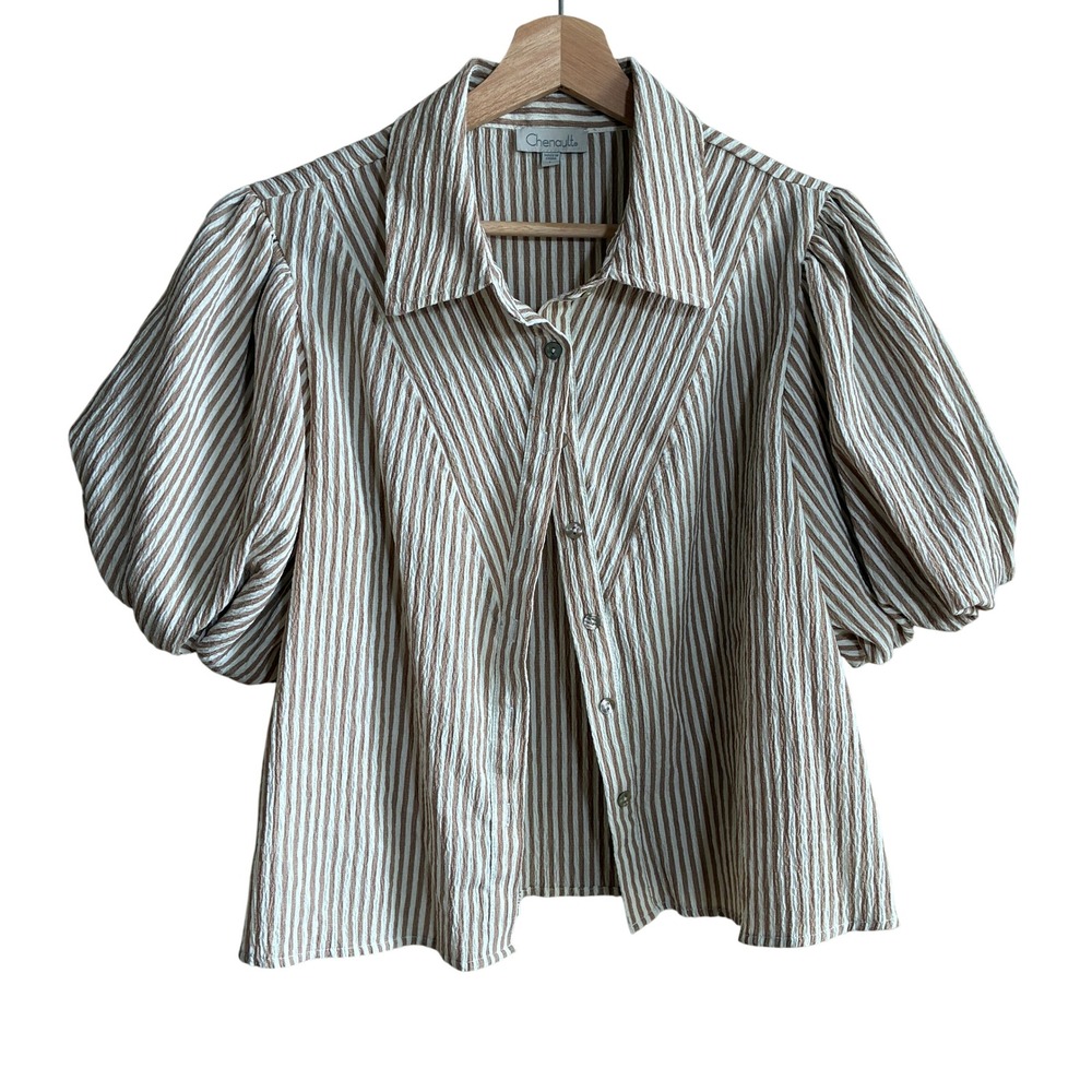 Chenault Striped Puff Sleeve Button Down Blouse Large Tan White Womens Textured